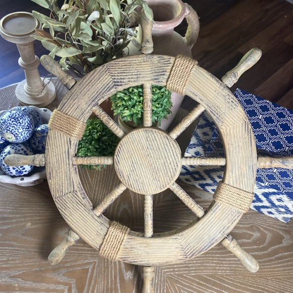 NEW! Rustic Wood & Jute Accented Captain Ship Boat Wheel Coastal Beach Decor - Picture 3 of 8